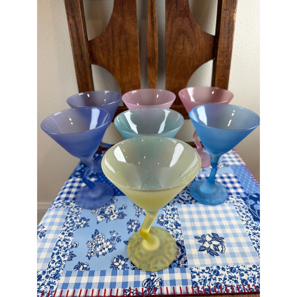 VTG Libbey Satin Glass Watusi Z Stem Multi-colored Pastel Martini Glasses Setof7
